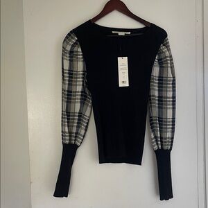 Veronica Beard Plaid Sleeve Black Top